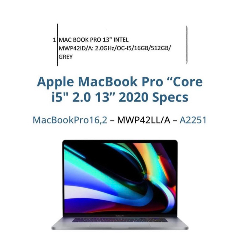 Macbook pro 2020 13” Inch 2.0 Ghz Quad i5 Ram 16gb