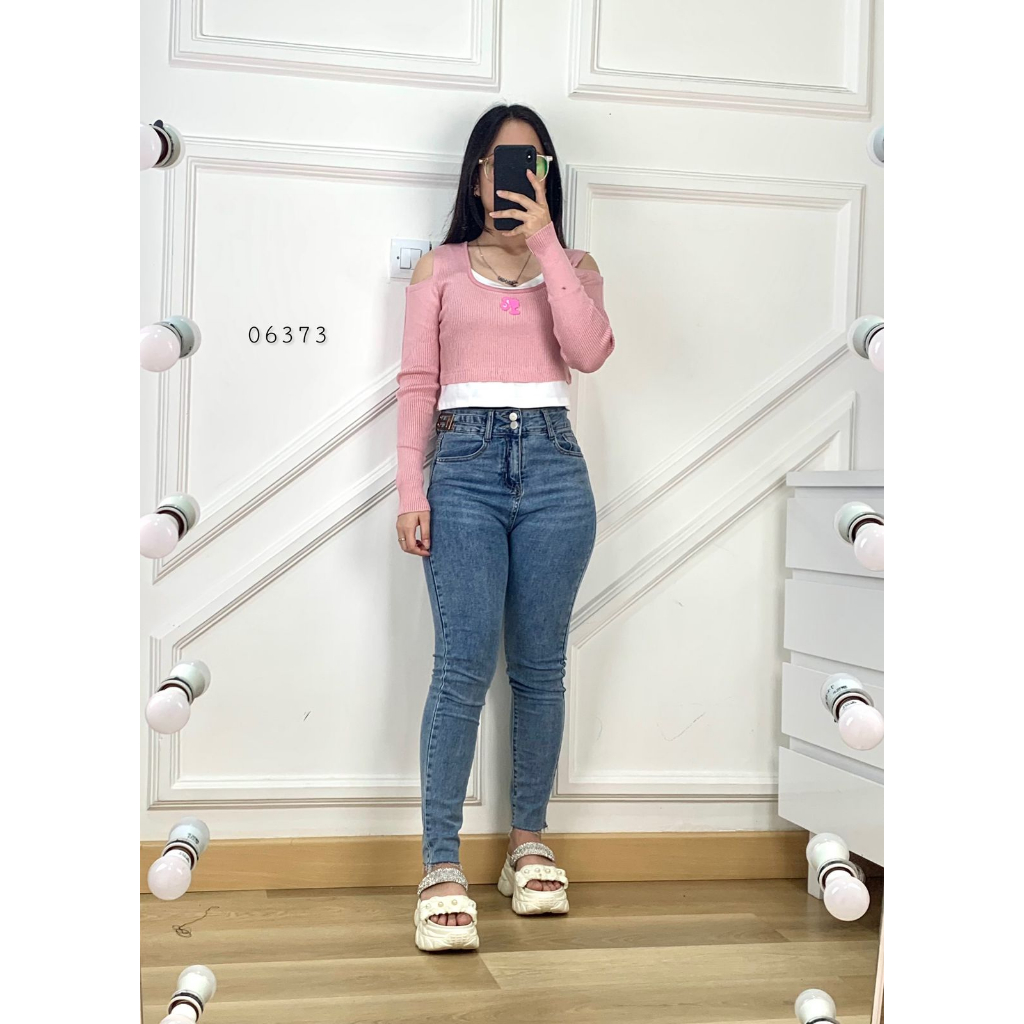 06373 BLOUSE CROP SABRINA TANGAN PANJANG KNIT RAJUT BARBIE KEKINIAN PREMIUM ATASAN BLOUS RAJUT PINKY