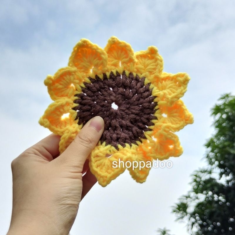 (BESAR) bunga matahari rajut / sunflower crochet / tatakan gelas rajut