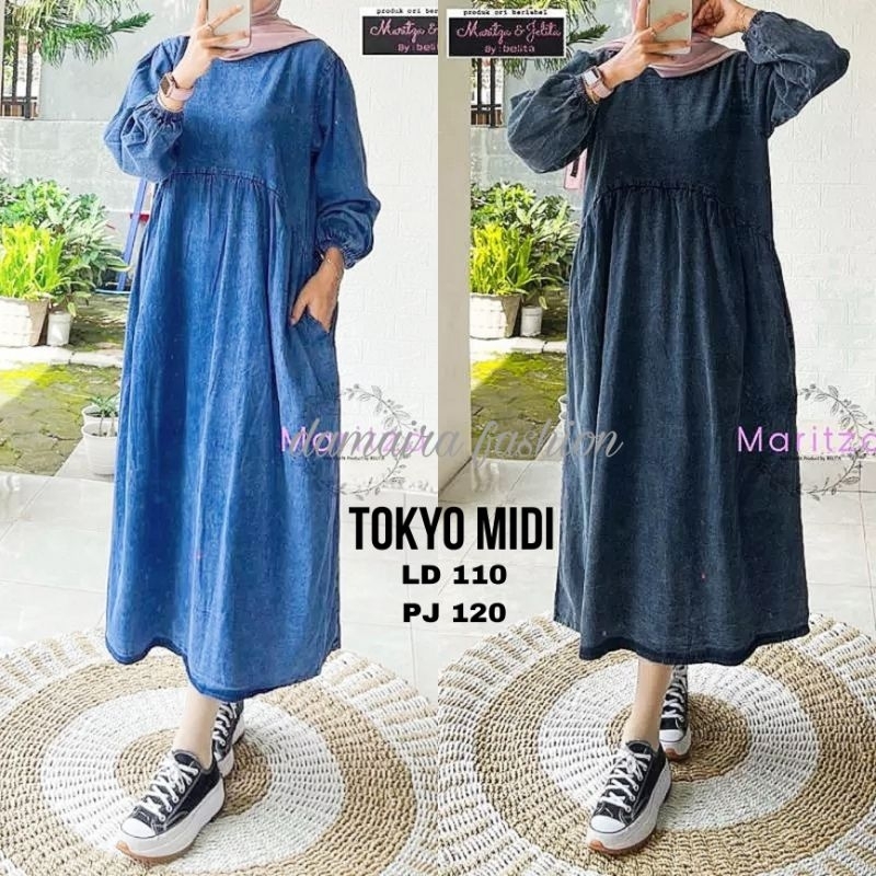 Tokyo Midi Dress Jeans Tunik Gamis Wanita Simpel Elegan LD 110 PJ 120