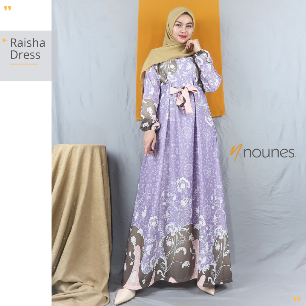 Nounes Raisha Dress Gamis Wanita Remaja Dewasa Maxmara Lux Motif Bunga Busui Friendly Tali Ikat Depa