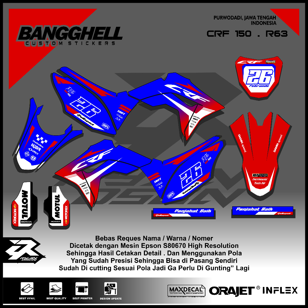 Sticker decal crf 150 L/ Decal crf custom super glosy PAPAN CRF 250