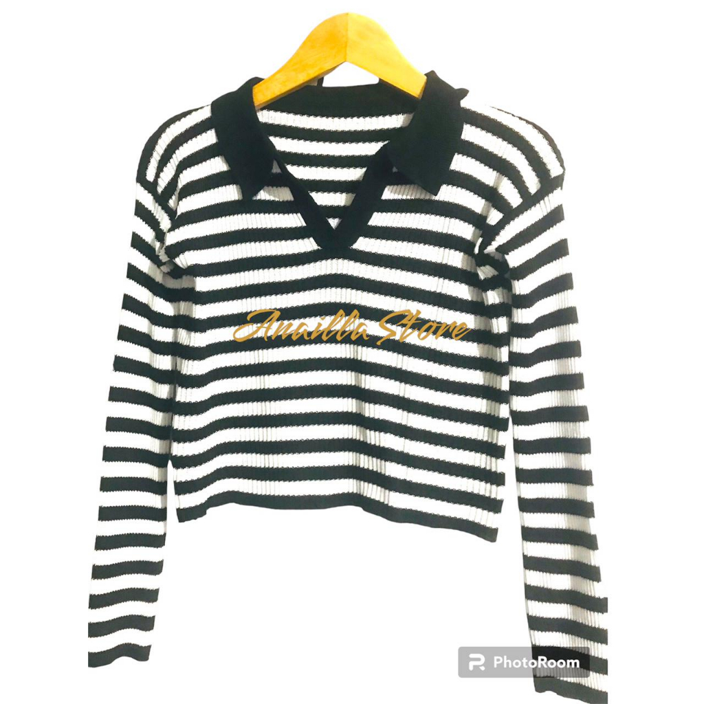 Kaos Kerah Rajut Wanita - T-shirt Polo Vneck Salur Lengan Panjang