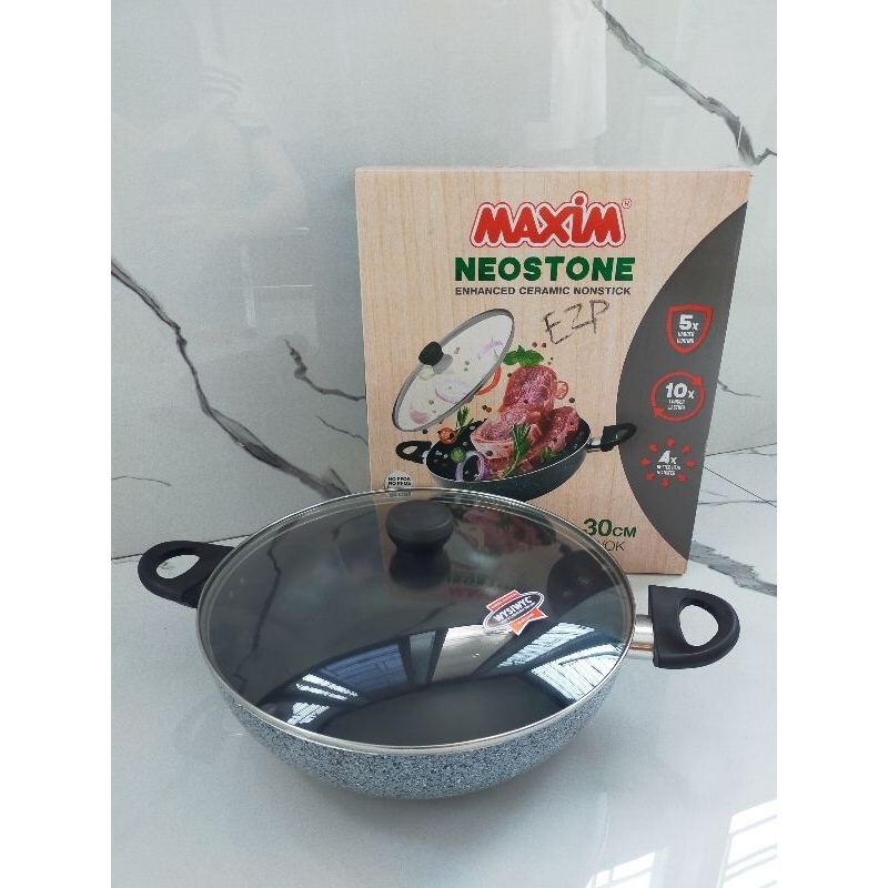 Wajan Maxim Neostone Ceramic 30cm / Kuali Tutup Kaca Maxim 30cm / Ceramic Wok 30cm / Kuali Anti Leng