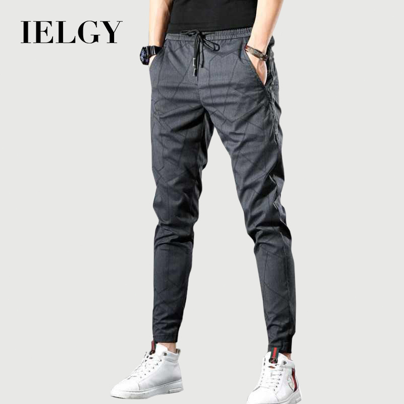 IELGY Pinggang Elastis Celana Kasual Pria Timbul Celana Pria Ramping Modis Abu-abu
