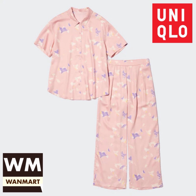 UNIQLO Women Set Pajamas Setelan Piyama Satin Wanita Lengan Pendek Pink