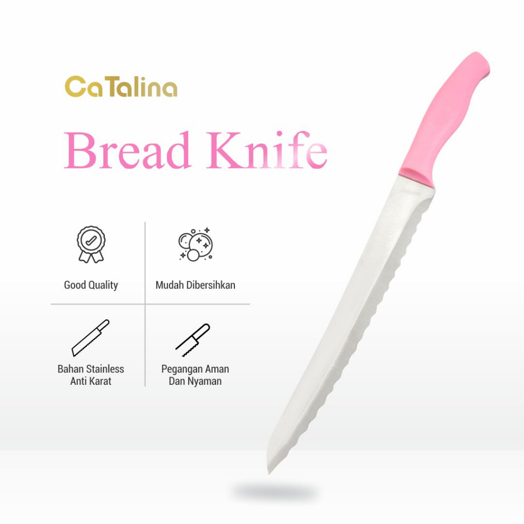 Pisau roti stainless bread knife panjang 34 cm perlengkapan kue pink