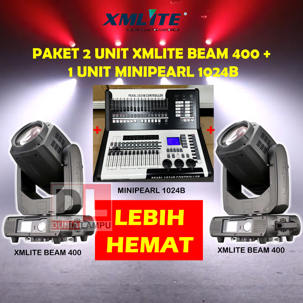 PAKET HEMAT 2 UNIT XMLITE MOVING BEAM 400 + 1 UNIT DMX MINIPEARL 1024B