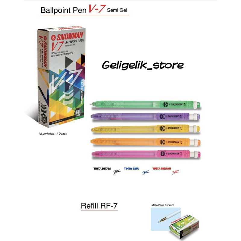 

(LUSIN) Pulpen V7 Snowman / Ballpoint Semi Gel / Pen / Pena 0.7 Mm