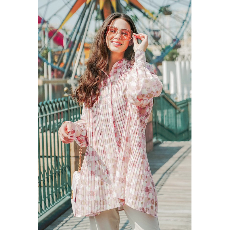 Puzzlea Pleated Shirt Pink Benang Jarum- Puzzlea Pleated Shirt Benang Jarum