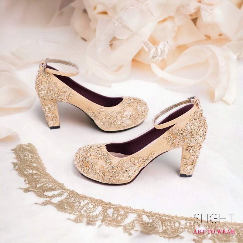 SLIGHT Sepatu chunky heels brukat gold Brokat Lace Wedding Shoes High Heels Payet | Sepatu pesta kon