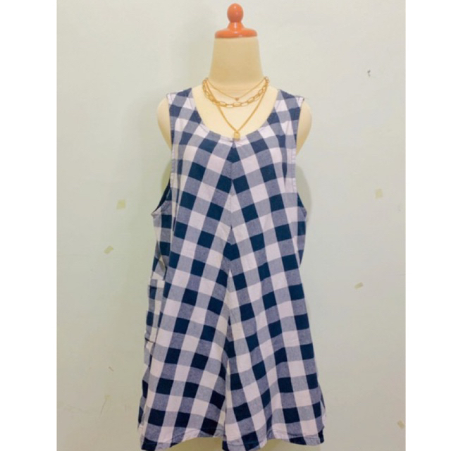 Dress Overall casual korean look bahan Katun motif kotak gingham catur checkered warna hitam putih -