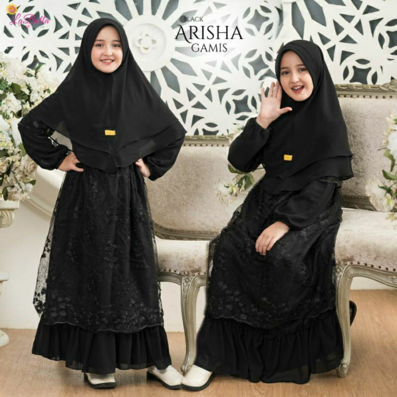 Gamis Brokat Hitam Mewah Anak Perempuan Muslim Arisha Labella