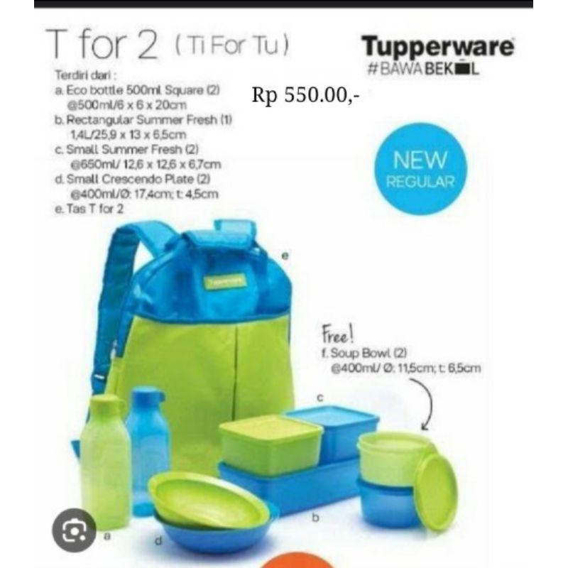 tupperware T for 2/tas/piring/kotak makan/1 set tempat bekal/1 set tempat makan
