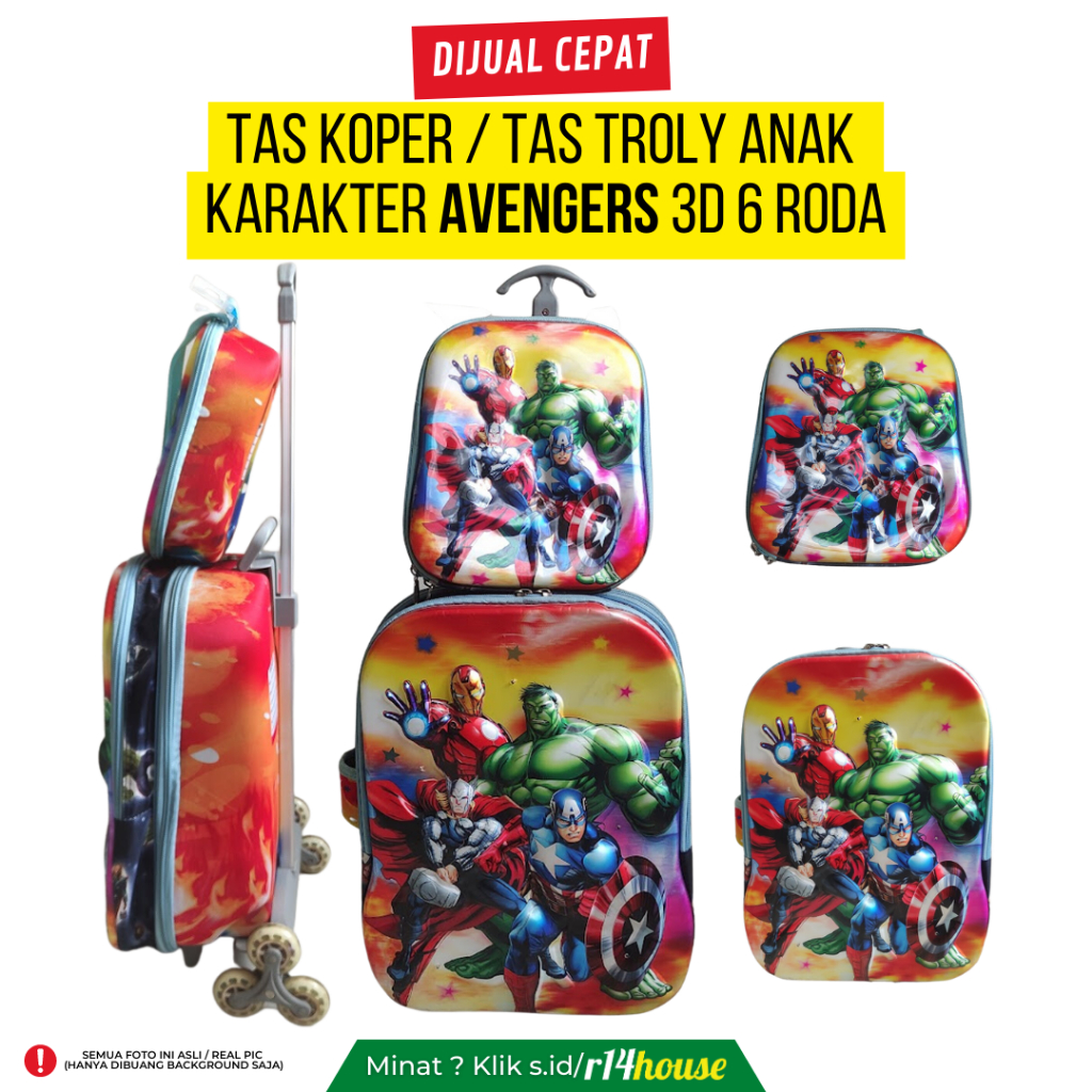 TAS KOPER / TAS TROLY ANAK KARAKTER AVENGERS 3D 6 RODA