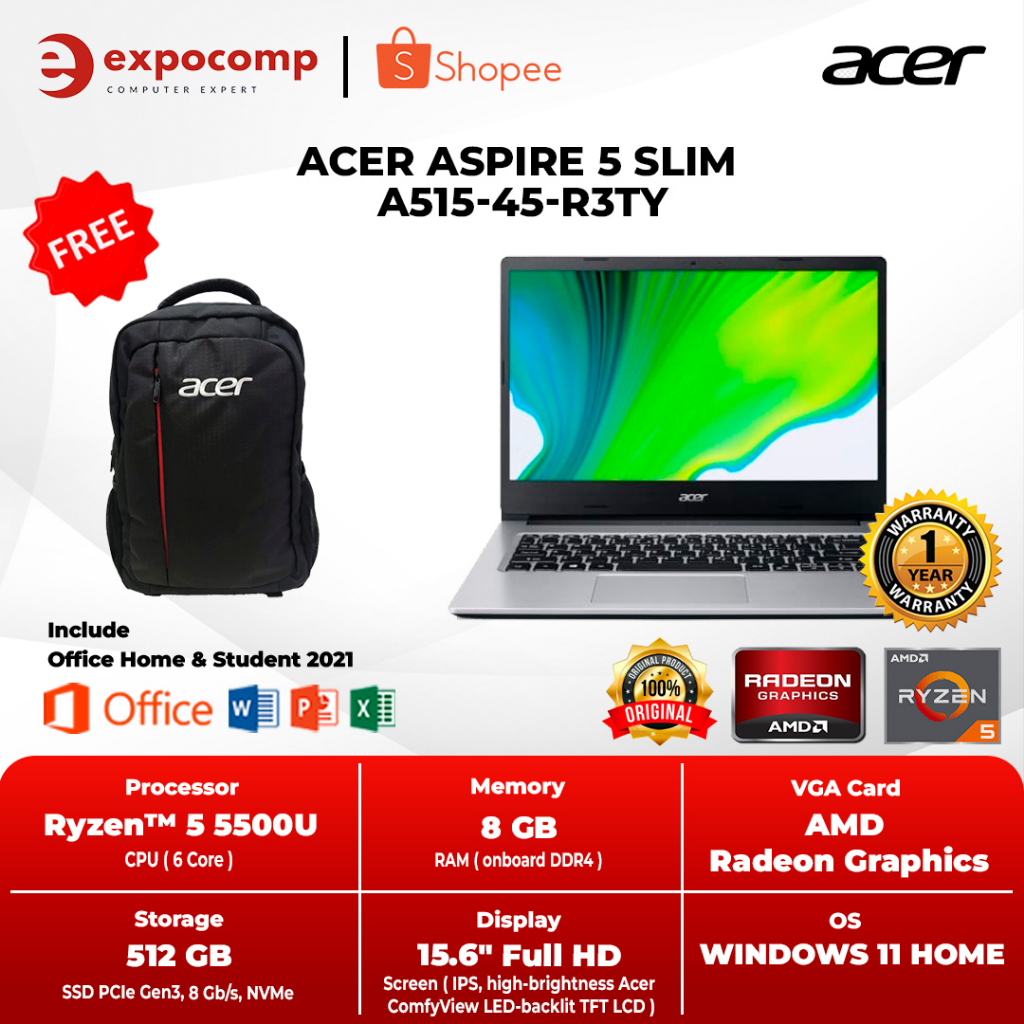 ACER Aspire 5 Slim A515-45-R3TY SILVER AMD R5-5500