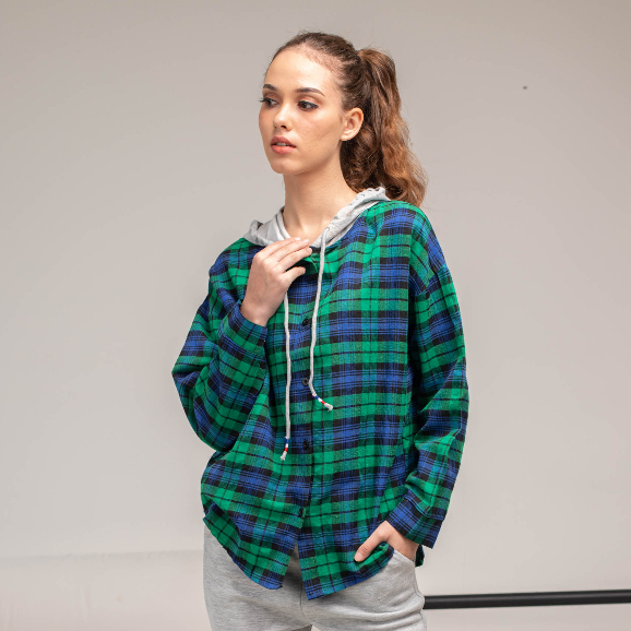 Avenue Shirt Flannel Hoodie - Hoodie Wanita Korea - Hoodie Gingham - Hoodie Oversize (SKU 24052)