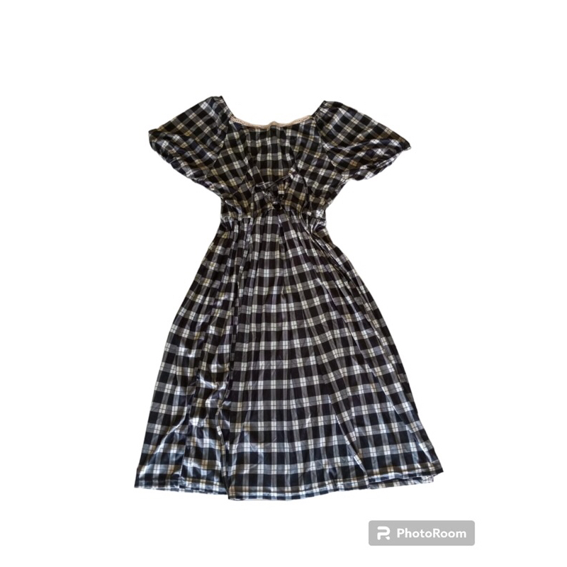 dress korea wanita motif kotak kotak