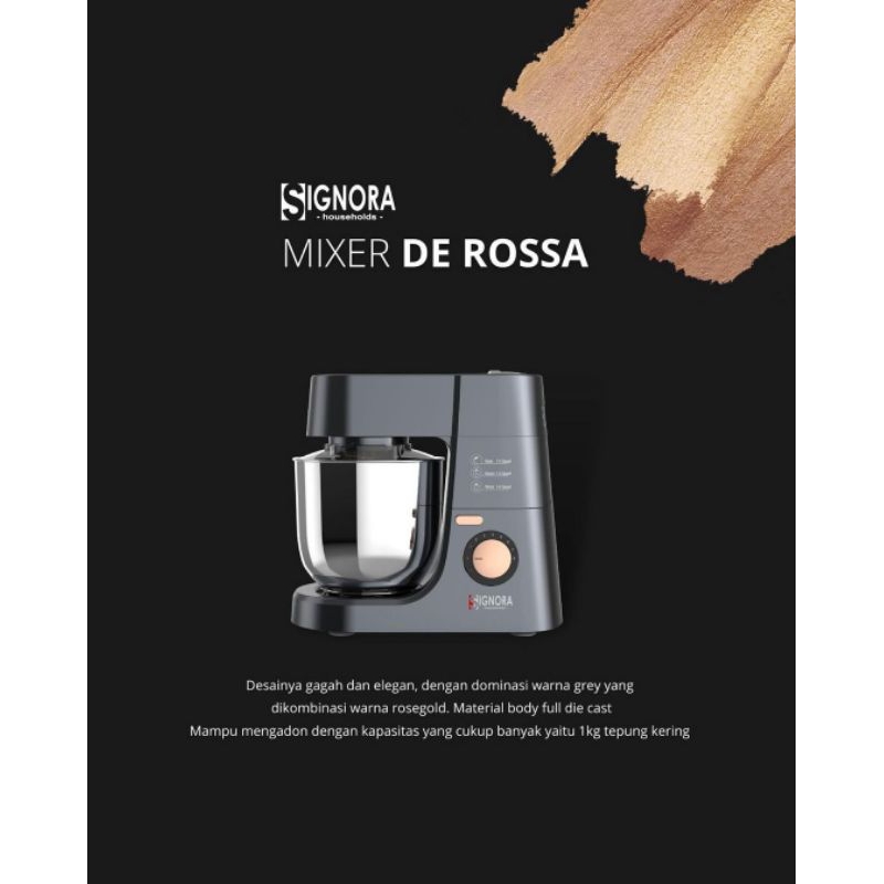 De Rosa 6.5L 1200W: Mixer Handal untuk 1 Kg Tepung, Resmi Bergaransi dari Signora, dengan Bonus Mena
