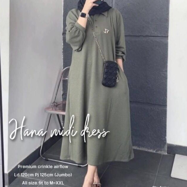 Kinaan - Hana Midi Dress Jumbo / Midi Dress Muslim Bahan Crinkle / Midi Dress Polos Terbaru 2023 Mod