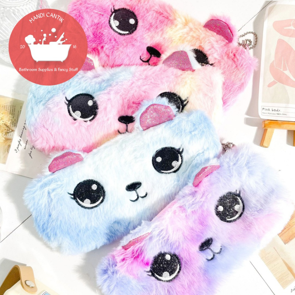 KOTAK PENSIL BULU RAINBOW KUCING TEMPAT PENSIL AESTHETIC TERMURAH COD ALAT-ALAT SEKOLAH AESTHETIC OR
