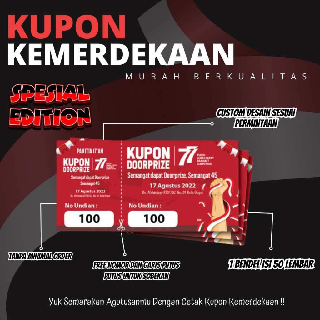 

KUPON / KUPON UNDIAN / KARCIS / KARCIS PARKIR RETRIBUSI / KUPON JALAN SEHAT / KUPON GOWES / TIKET MASUK / VOUCHER