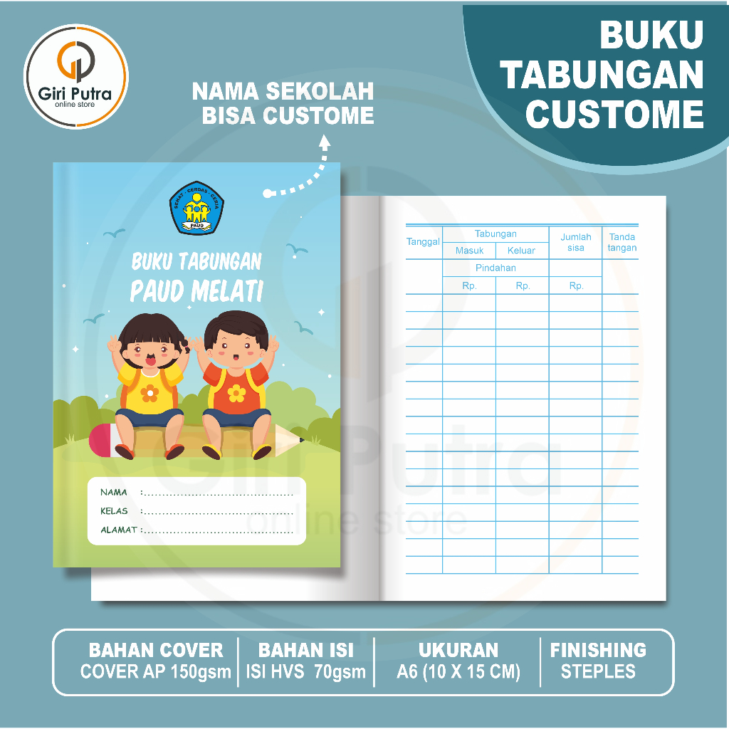 

BUKU TABUNGAN CUSTOME / TABUNGAN SMP MTS SD RA TK PAUD CUSTOME FULL COLOR MURAH