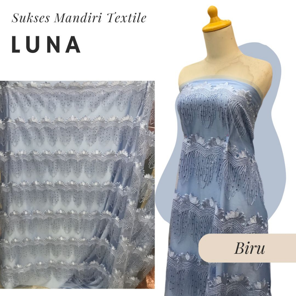 [LUNA] Brokat sulam 3D permata Biru laut | Harga ½ meter = 50 cm (Bahan Dress Bridesmaid, Kondangan,