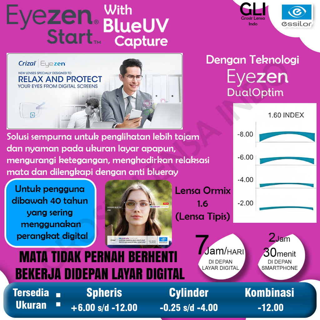 Lensa Kacamata Essilor SV Eyezen Start Ormix 1.6 Blue UV Capture Crizal Sapphire / Drive / Prevencia