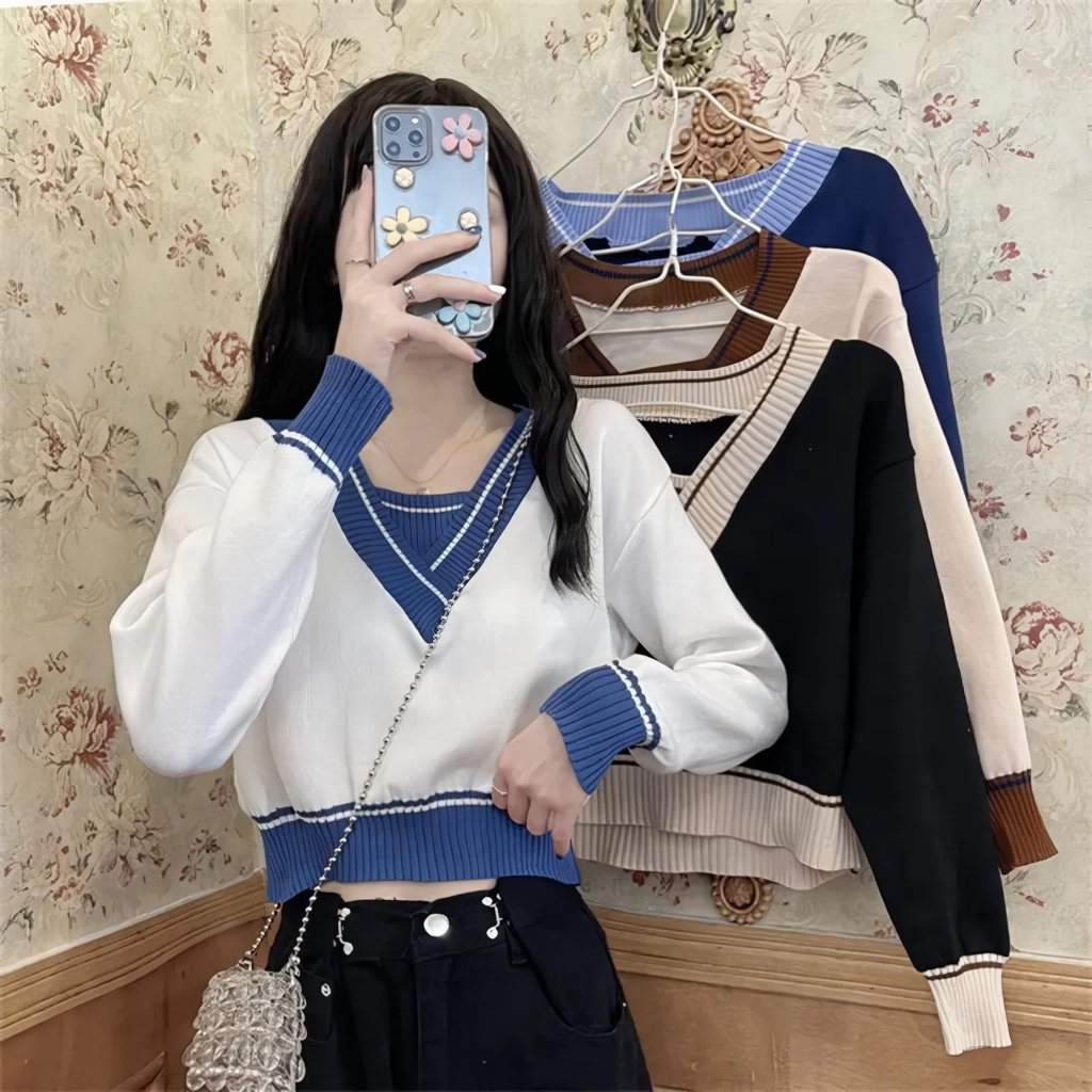 Sweater Rajut Knit Crop Top Leher V