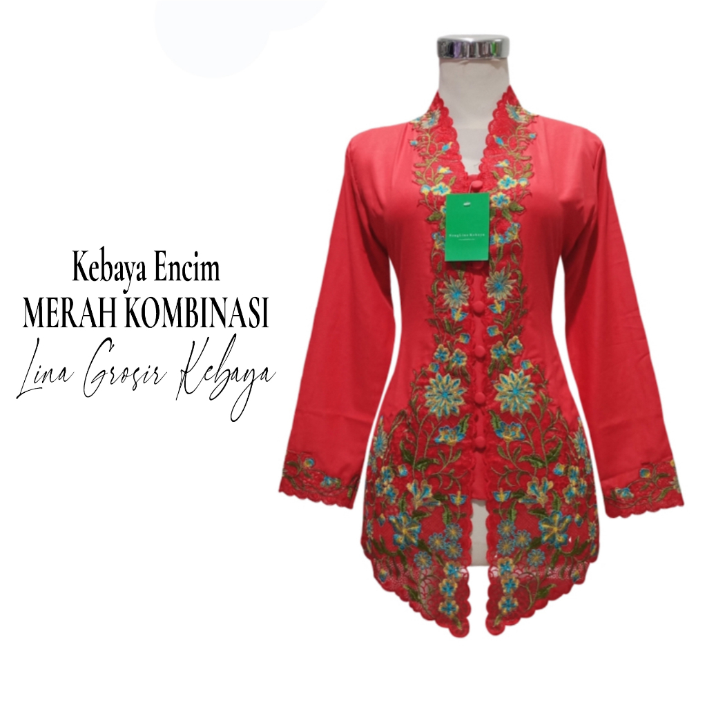 Kebaya Encim Katun Bordir Merah Kombinasi Lengan Panjang
