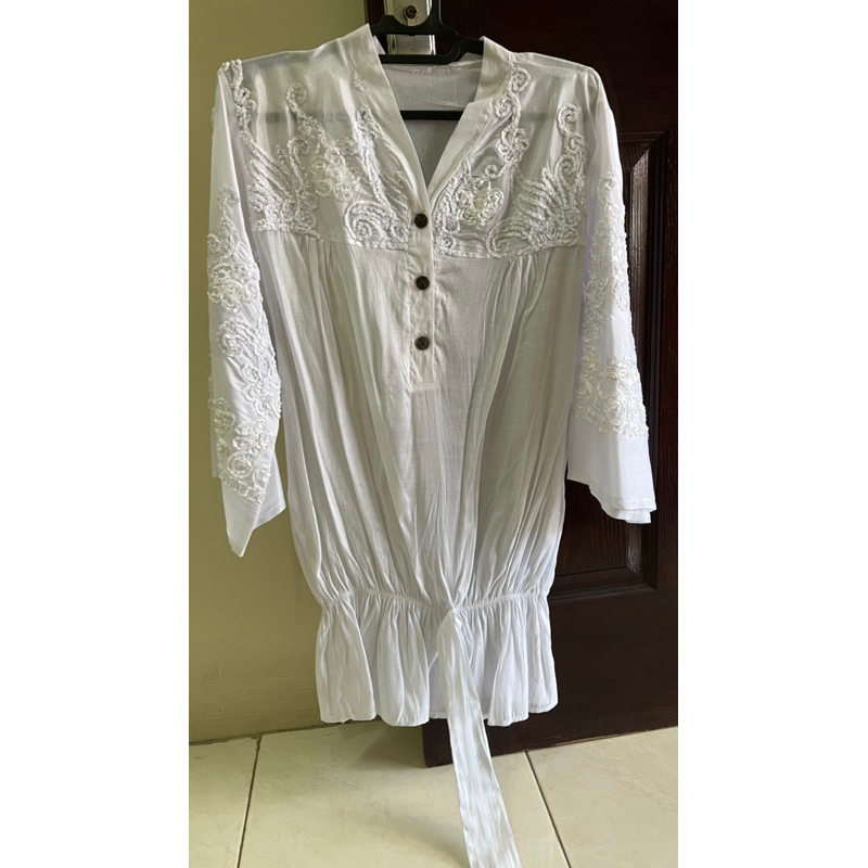 White Long Shirt Embroidery Blouse Tunik | Blouse Tunik Atasan Bordir Bunga Warna Putih