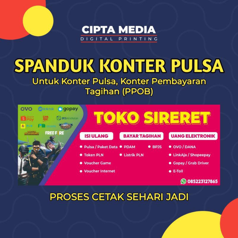 Cetak Spanduk Konter Pulsa PPOB Tagihan Listrik Bahan Berkualitas Sehari Jadi Spanduk Agen Brilink