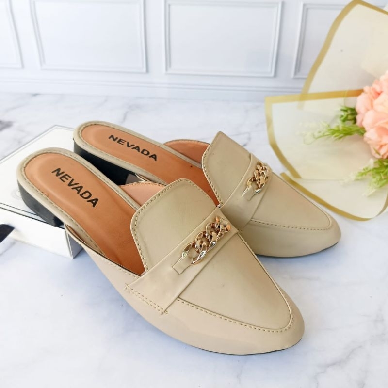 Sepatu Flatshoes Mules Wanita Sendal Selop Nevada Hak Tahu 3cm Terlaris