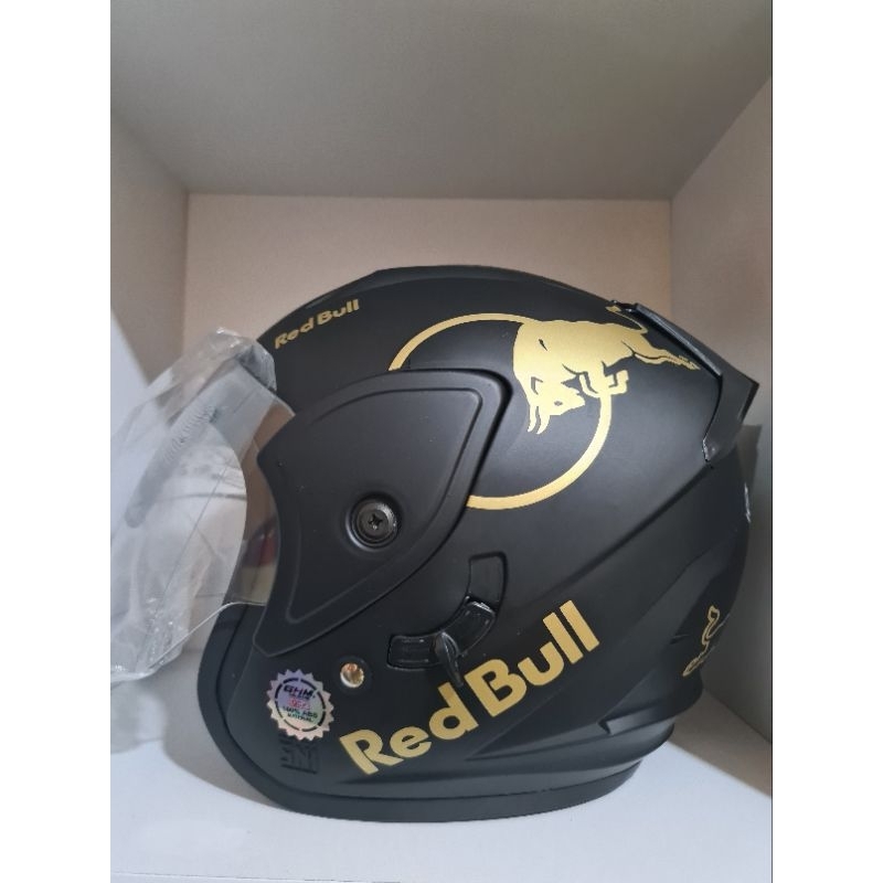 HELM HALF FACE DEWASA GHM, REVO REDBULL MOTIF DOUBLE VISOR, SNI, BAHAN ABS ORIGINAL KEREN