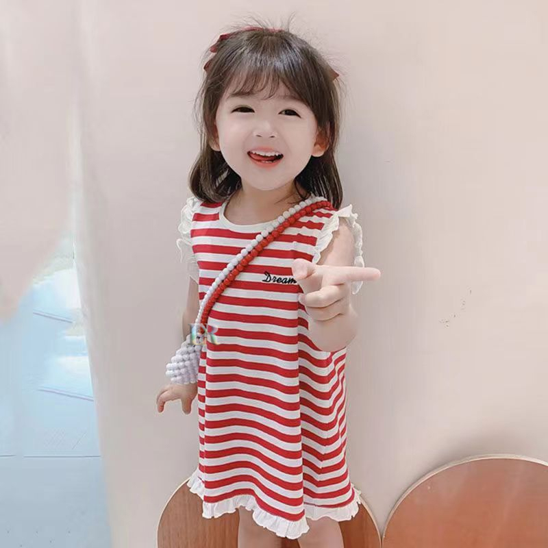 LNR Shop Dress Casual untuk Anak Perempuan Dengan Renda Ruffle Tanpa Lengan Motif Garis Garis Merah 