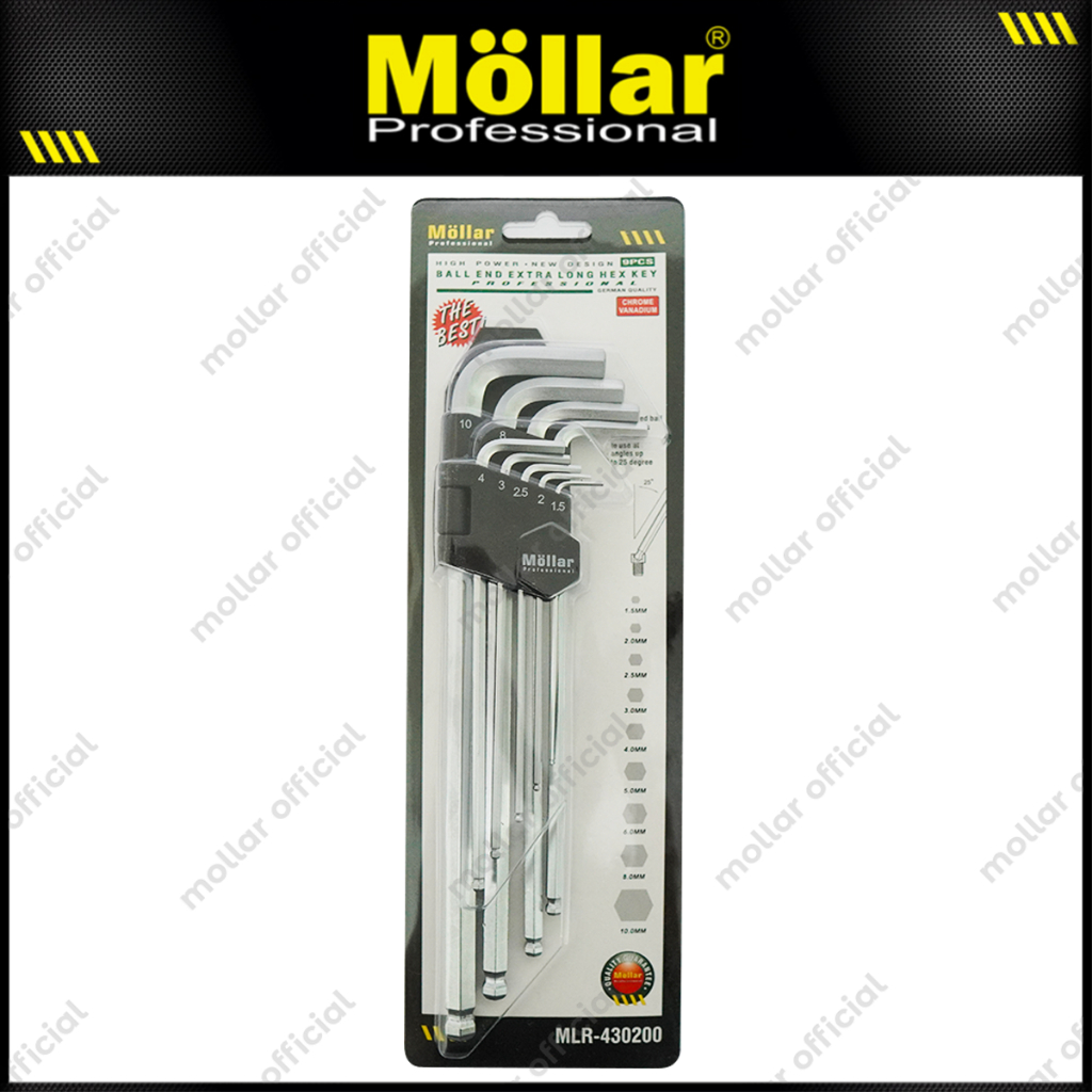 MOLLAR 430200 9 Pcs Kunci L Set Ballpoint Panjang Long 1.5 mm - 10 mm Original