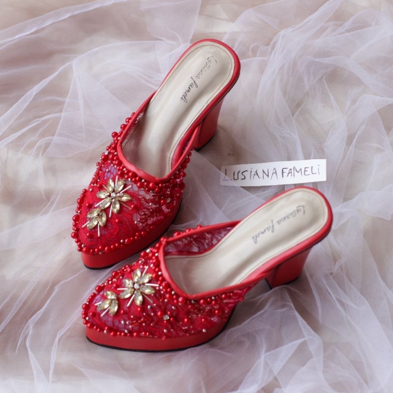 RYUJIN | Sendal Sepatu heels pengantin warna maroon sepatu payet sendal wanita pesta lace brukat hee