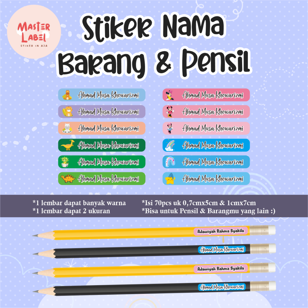 

Stiker nama Custom stiker PENSIL uk A4 ISI 70pcs stiker nama pensil label nama pensil stiker nama