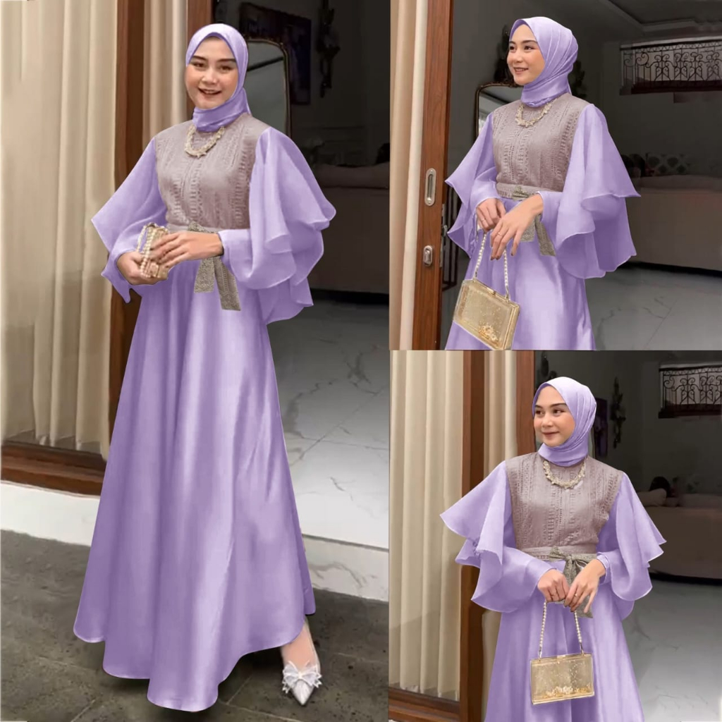 DIVINE GAMIS MUSLIM MAXI SATIN GAUN PESTA KONDANGAN ELEGAN GLAMOUR DRESS ALMEERA