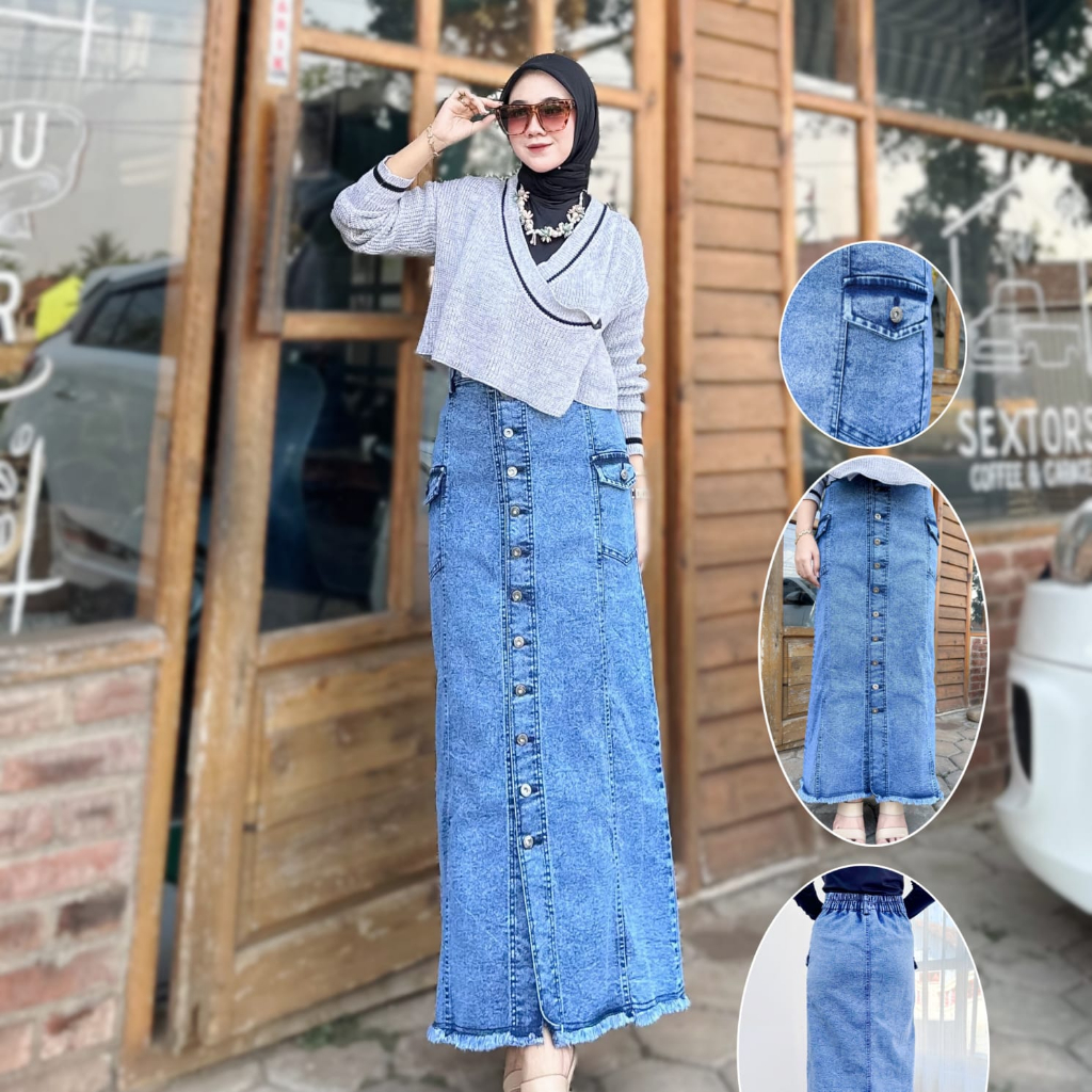COD Rok jeans span wanita Rok jeans panjang hijab kekinian Rok jeans Span Cargo afstyle_fashion