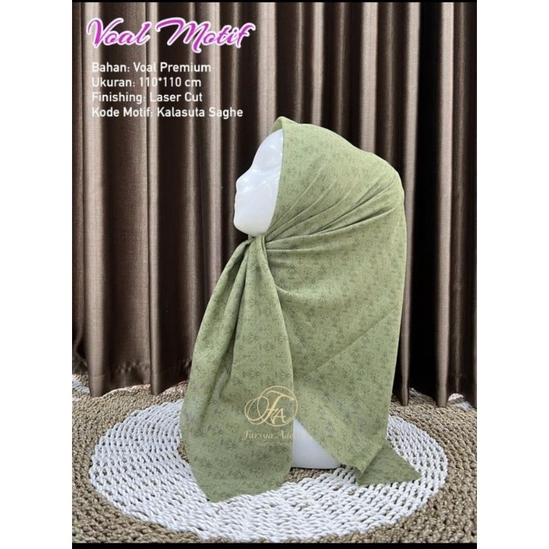 Hijab Segi Empat Voal Motif Suta Warna Hijau Sage Jilbab Terbaru