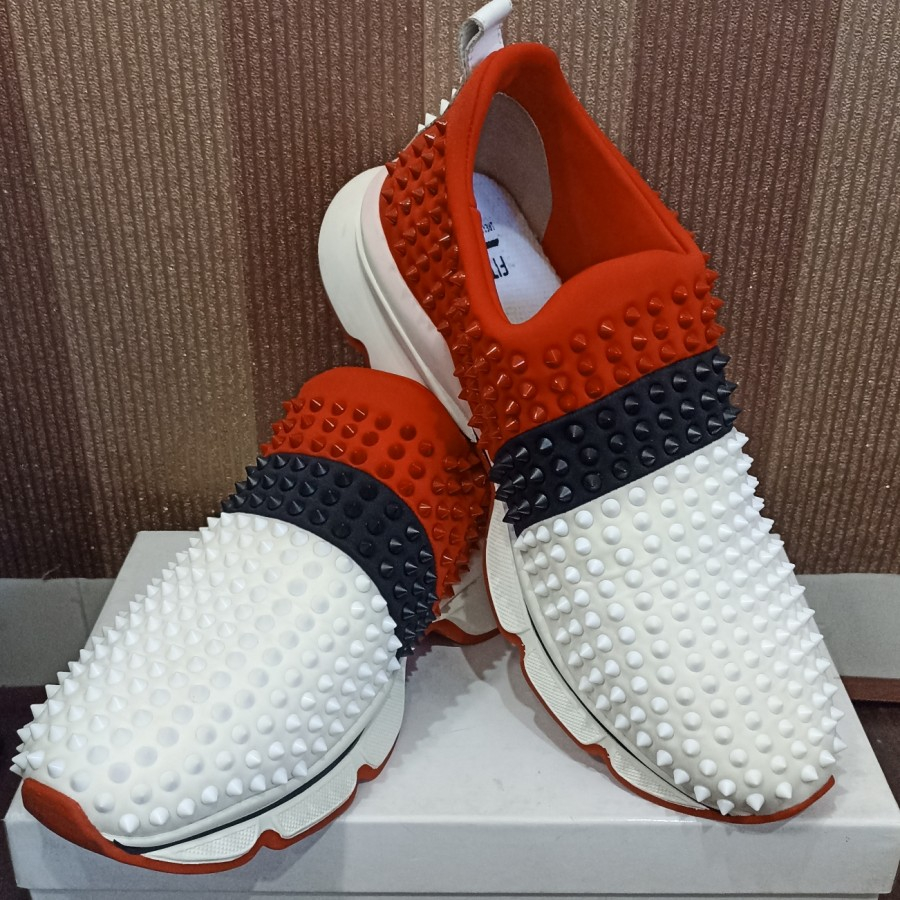 Sepatu Christian Louboutin Neoprene Tricolore Spike Sneakers Stud Pria Langka Unik Asli Murah Terbar