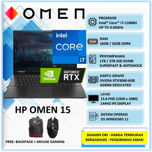 Laptop Gaming HP OMEN 15 Intel i7 32GB 2TB SSD RTX3060-6GB 15" FHD IPS 144Hz Windows 11 Home