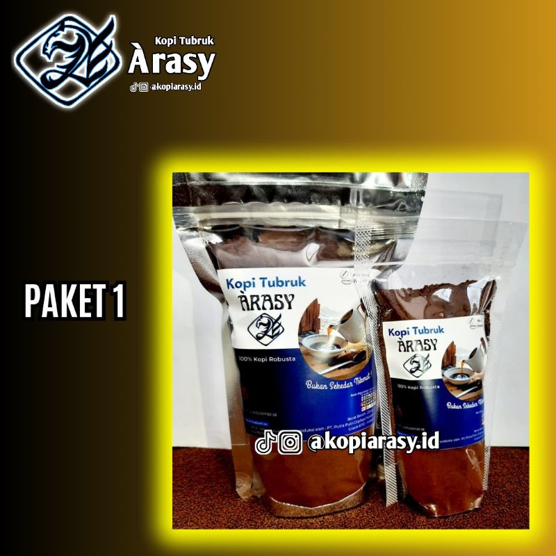 

PAKET 1 (250 & 100 gr) Kopi Tubruk Robusta Bubuk Hitam Arasy