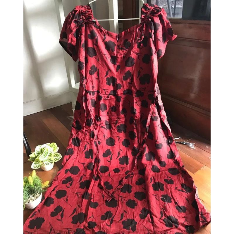Daster Serut Premium merah motif bunga