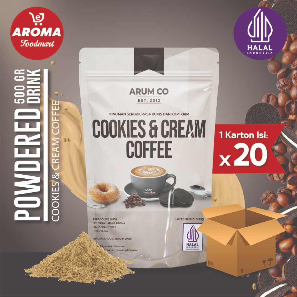 

1 Karton Arum Co Bubuk Cookies Cream Coffee 500gr / Kukis Krim Kopi