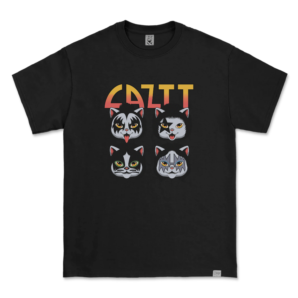 Kaos Distro Parodi ZeroTwentyTwo T-Shirt KISS CAT CAZTT Black | Baju Pria Parody Plesetan Lucu Band Kucing