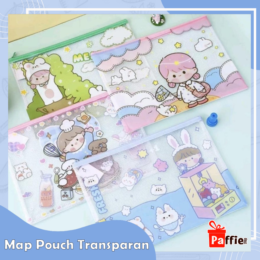 

Map Pouch Transparan Tempat Pensil Jaring Karakter Kotak Zipper School