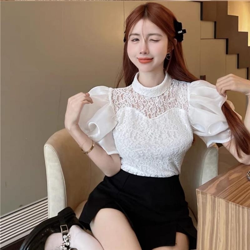2272 Atasan baju blus blouse kemeja lengan pendek balon ballon sleting ziper belakang bahan renda la